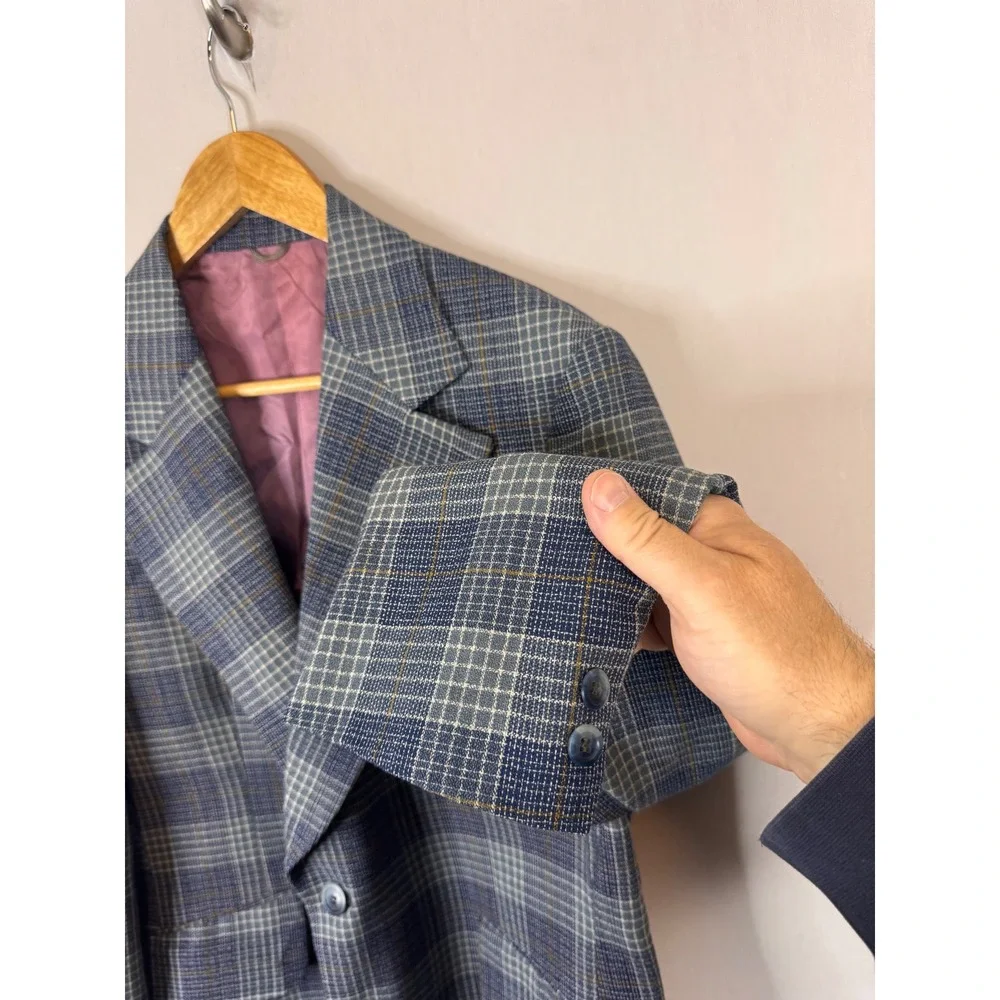 Vintage‎ Zellers Mens 40R  Shop Blue Grey Plaid Wool Blend Blazer Sport Coat 70s